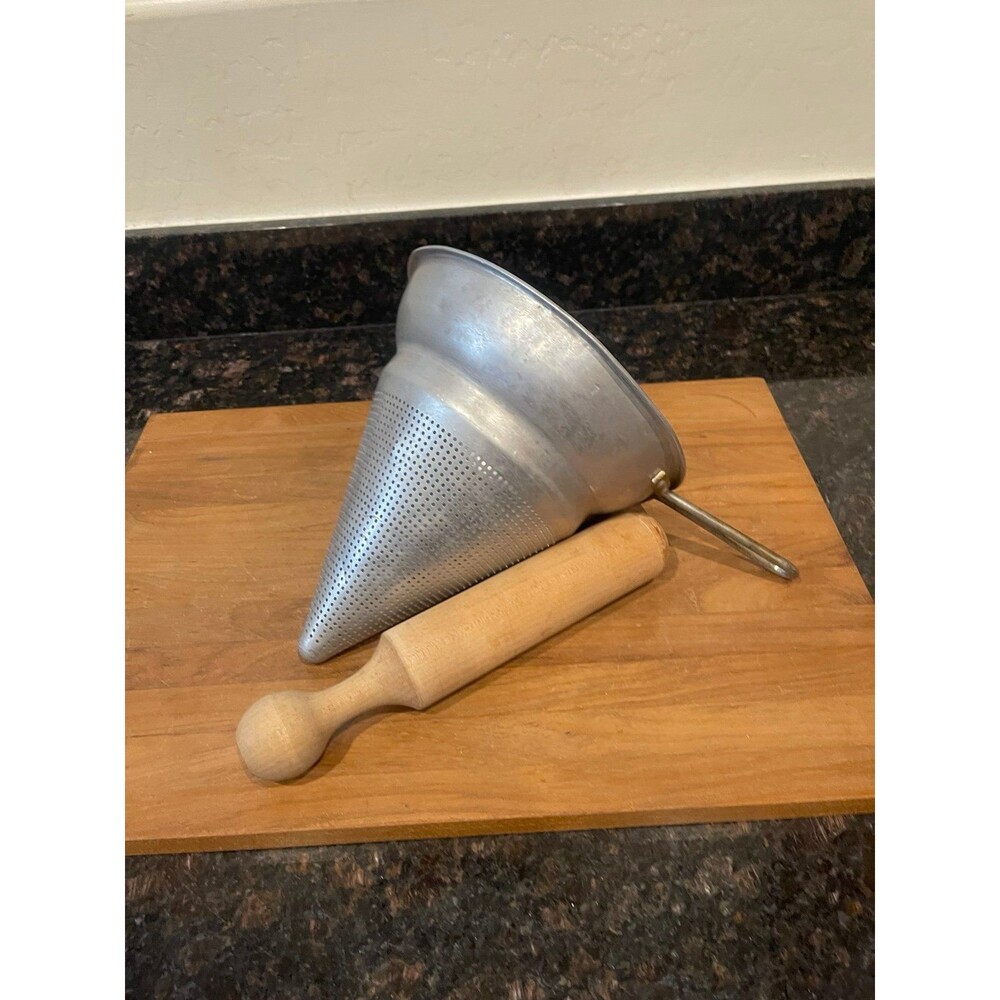 Vintage Aluminum Cone Strainer with wood mallet